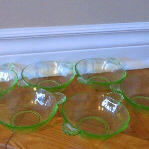 Vintage Vaseline/Uranium Depression Glass Berry Bowls W/Scalloped Handles Set 6